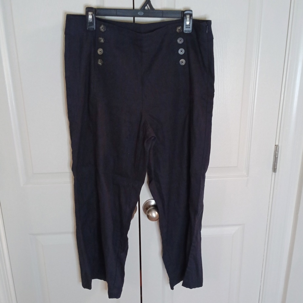 J.Jill Linen Stretch Navy Cropped Pants Women's Sz 12 Button Front Sailor Casual